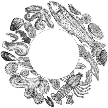 Seafood illustrations. Hand drawn line sea fishes, sushi rolls, oysters, mussels, lobster, squid, octopus, crabs, prawns fish fillet Healthy food natural set