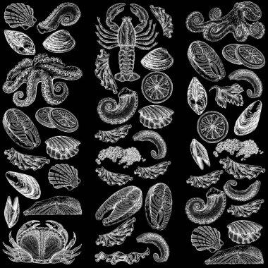 Seafood illustrations. Hand drawn line sea fishes, sushi rolls, oysters, mussels, lobster, squid, octopus, crabs, prawns fish fillet Healthy food natural set