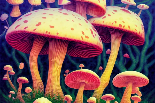 colorful illustration with mushrooms with bright psychedelic colors