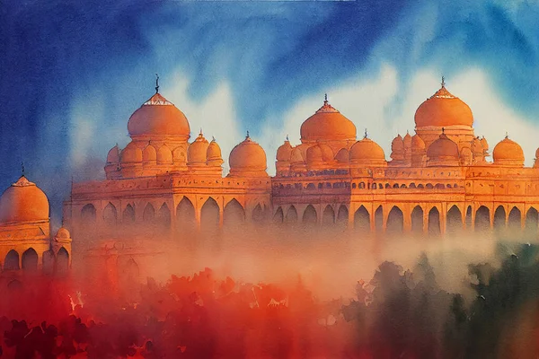 Watercolor illustration. India skyline Indian landscape