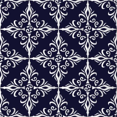 Dark blue and silver floral seamless wallpaper background. clipart