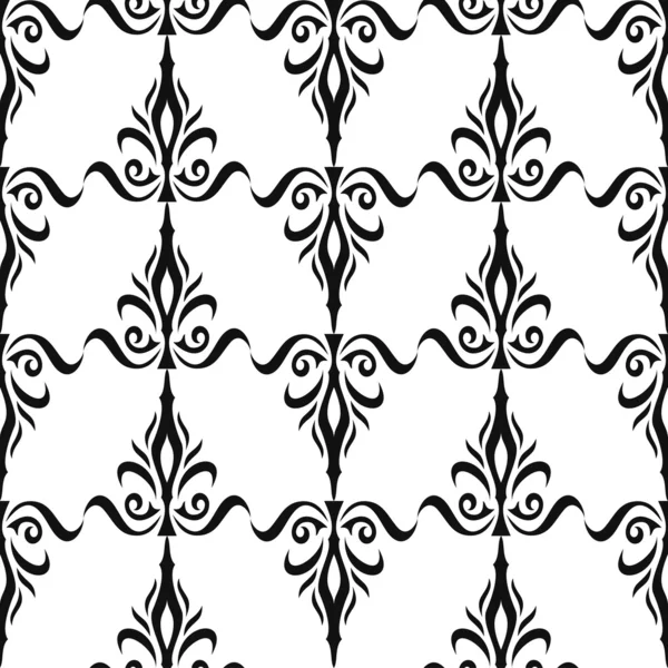 Patrón floral sin costuras Damasco. Papel pintado real. Flores y coronas en negro sobre fondo blanco. Monocromo — Vector de stock