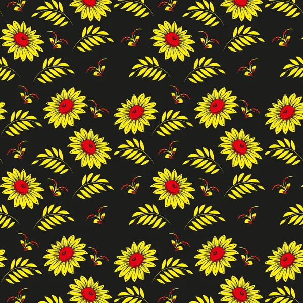 Floral seamless pattern. Russian khokhloma (Hohloma) background vector design. Gold and red colors on black background. Ethnic Colorful vintage backdrop. Use for wallpaper,pattern fills, background — Stock Vector