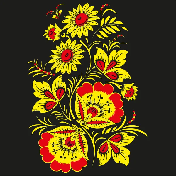 Fondo floral vectorial en el estilo tradicional ruso Khokhloma. Flores amarillas y rojas — Archivo Imágenes Vectoriales