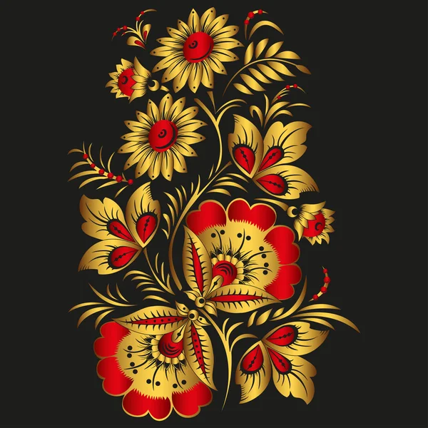 Fondo floral vectorial en el estilo tradicional ruso Khokhloma. Flores amarillas y rojas — Vector de stock