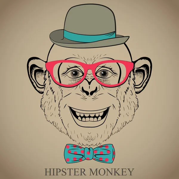 Illustrazione di disegno a mano di moda di scimmia in bicchieri, cravatta di prua e cappello a bombetta. Guarda da hipster. Stile vintage retrò. Stile Doodle — Vettoriale Stock