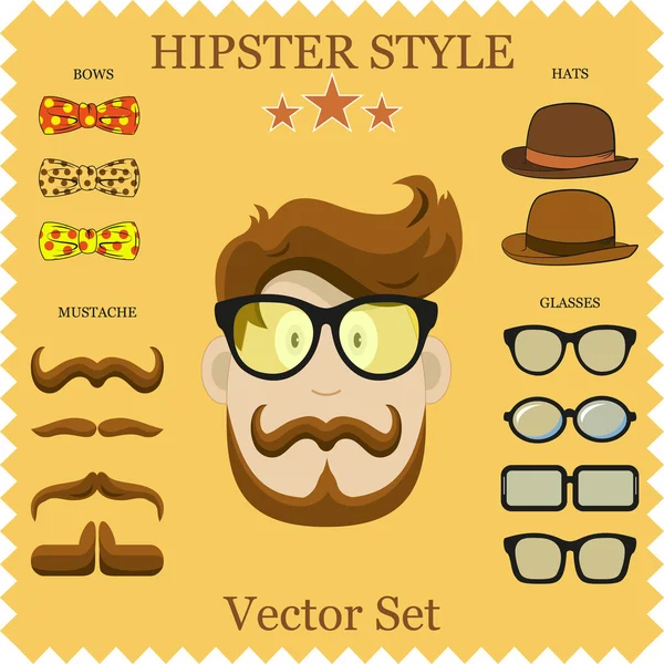 Hipster Character Vector Illustration com elementos de Hipster e ícones. Conjunto vintage para o seu design. Concepção de fundo —  Vetores de Stock