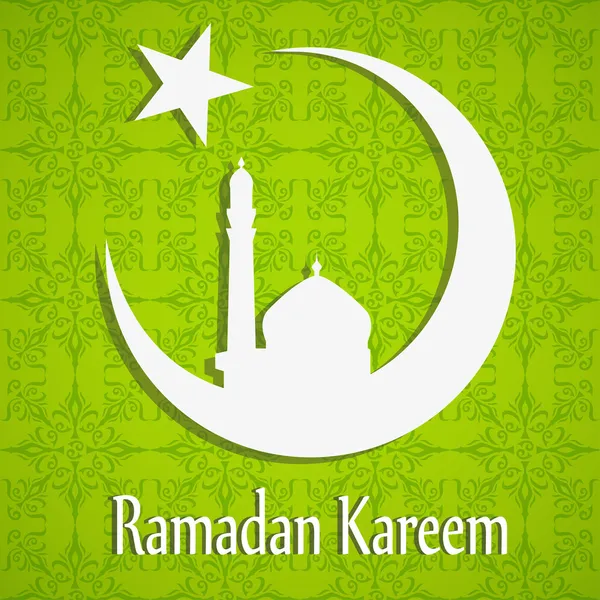 Silhueta branca de Mesquita ou Masjid na lua com estrelas em fundo floral verde abstrato, conceito para a comunidade muçulmana mês santo Ramadã Kareem — Vetor de Stock