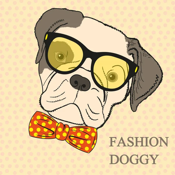 Mode Handzeichnung Illustration des Hundes in Brille und Fliege. Hipster-Look. Retro-Vintage-Stil. Doodle-Stil lizenzfreie Stockillustrationen