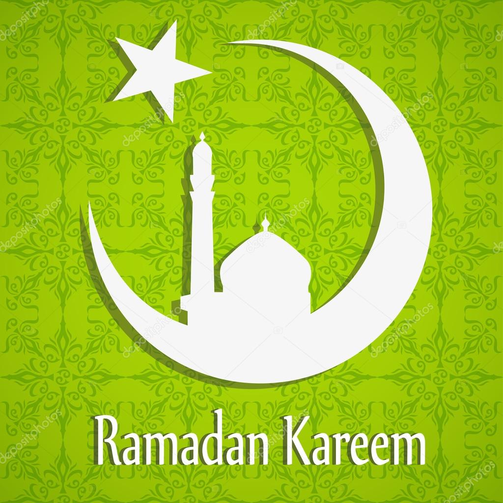 White silhouette of Mosque or Masjid on moon with stars on abstract green floral background, concept for Muslim community holy month Ramadan Kareem