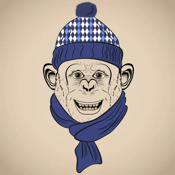 Mão desenhado vetor ilustração de macaco engraçado em cachecol de malha e chapéu. Estilo vintage Hipster —  Vetores de Stock