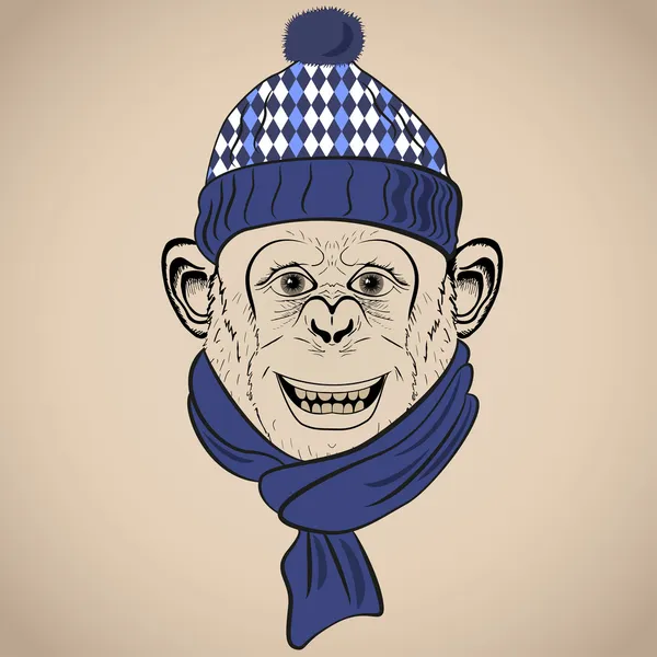 Рука намальована Векторна ілюстрація смішної мавпи в трикотажному шарфі та капелюсі. Вінтажний стиль хіпстера Стокова Ілюстрація