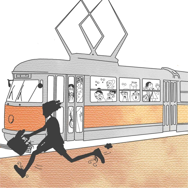 Trolley önünde koşan adam — Stok fotoğraf