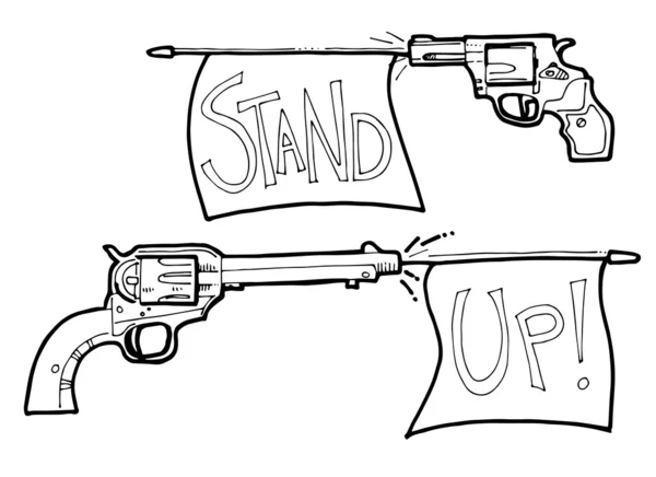 Cartoongewehr und Revolver mit Bang-Flag-Illustration. Aufstehen — Stockfoto