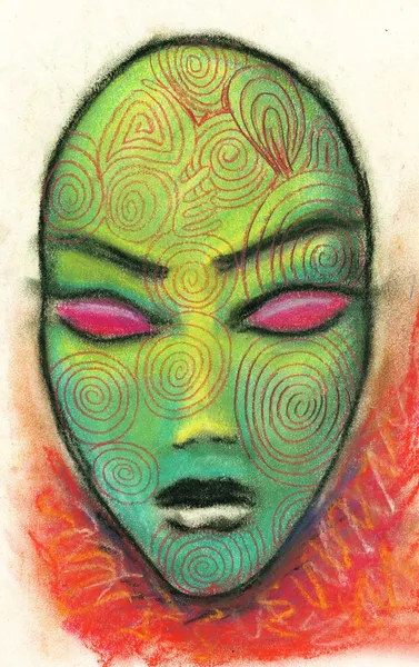 Máscara de carnaval verde tatuada com penas vermelhas — Fotografia de Stock