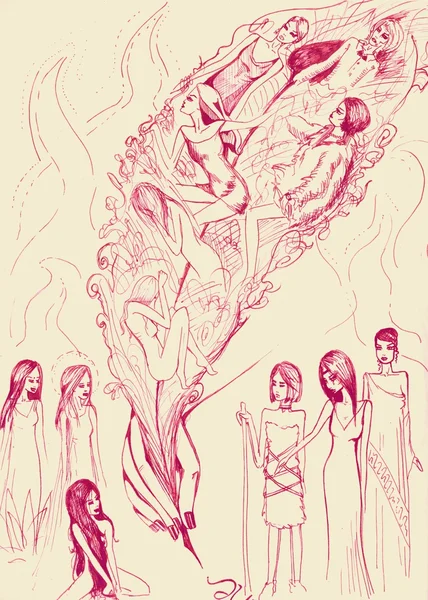 Konzeptionelle Zeichnung. Mädchen und Göttinnen — Stockfoto