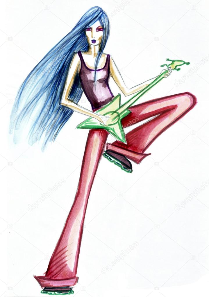 Fashion Illustration Girl Guitar Player Stock Photo