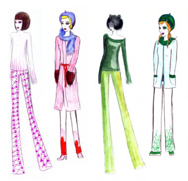 moda illüstrasyon kızlar. Retro kış