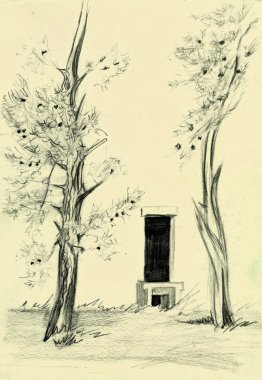 Vintage karalama defteri sayfası ağaçlar kroki ile