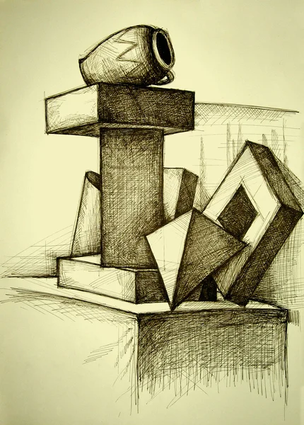 Desenho manual monocromático de composição espacial geométrica — Fotografia de Stock