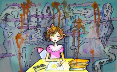 sunshine çizim onun çalışma tablosu tarafından küçük bir kız. korku çevreleyen