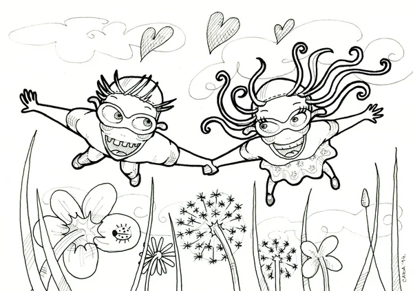 Ilustración de pareja voladora. Campo de flores . —  Fotos de Stock