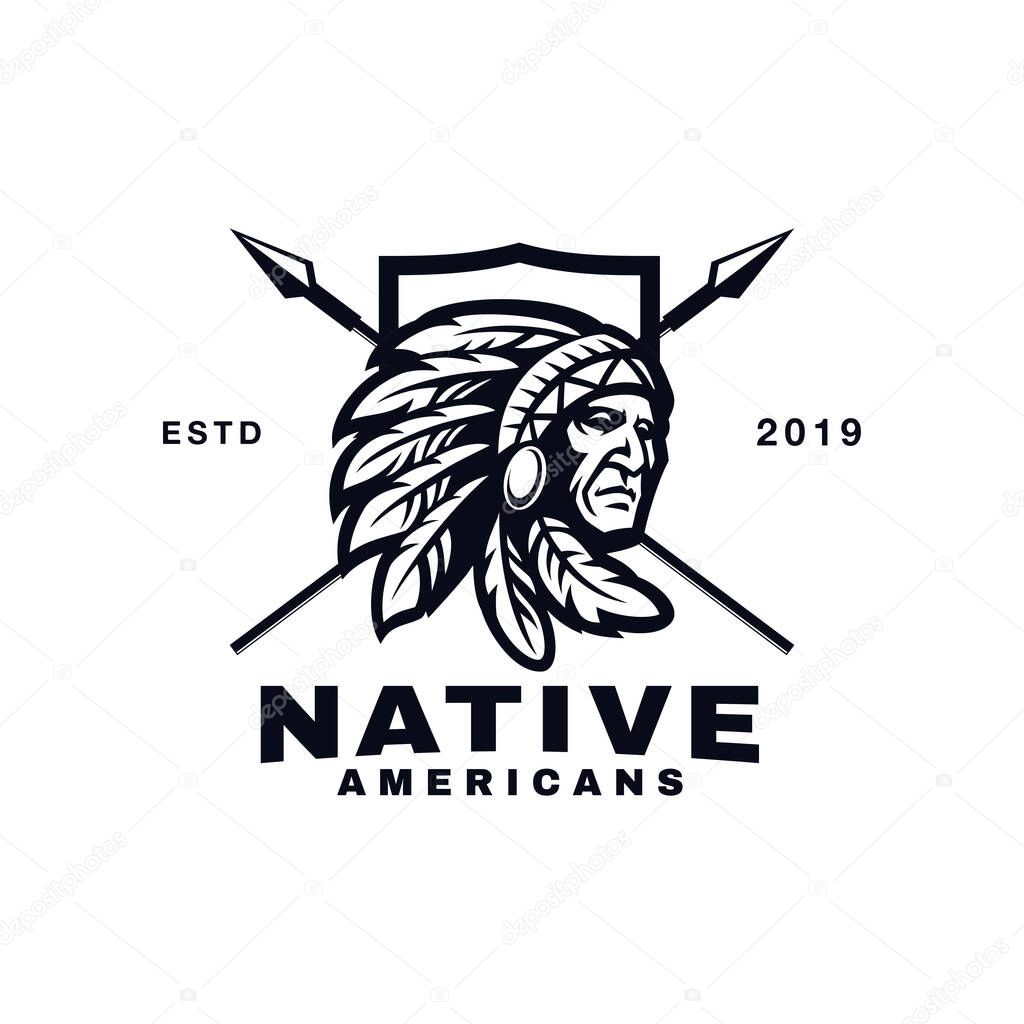 Native American with Shield and Spear Logo Design Template Inspiration