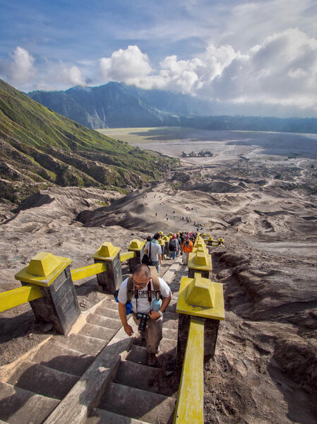 Visitors Climbing Strairs Towards the Rim of Gunung Bromo in East Java, Indonesia