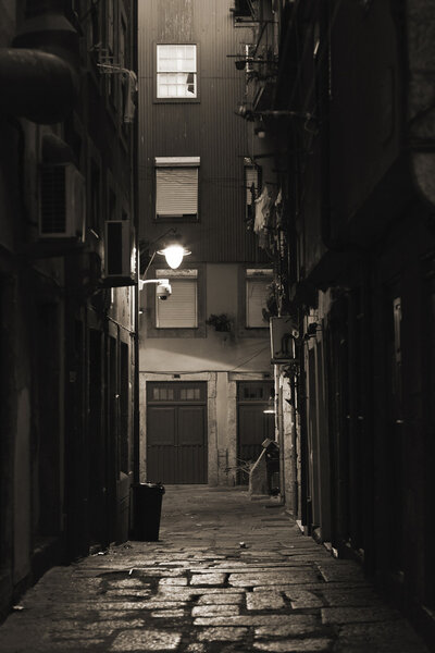 Night view of an alley of old Porto, Portugal