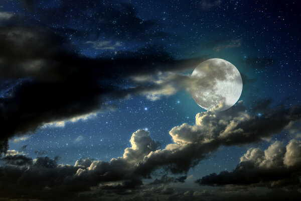 Illustration of an interesting full moon in a starry night with some clouds