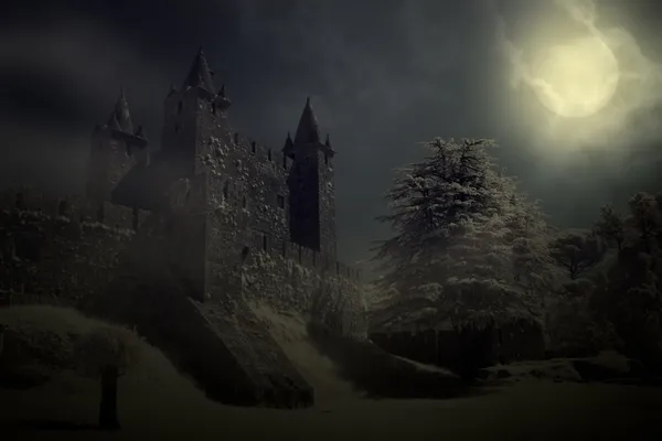 Średniowieczny zamek w nocy — Zdjęcie stockowe