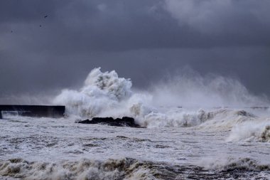 Şiddetli fırtına altında Douro nehir ağzı rıhtımları ve fenerler
