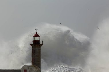 Eski deniz feneri ve Douro nehir ağzının rıhtımında şiddetli fırtına altında büyük su sıçratan dalgalarla.