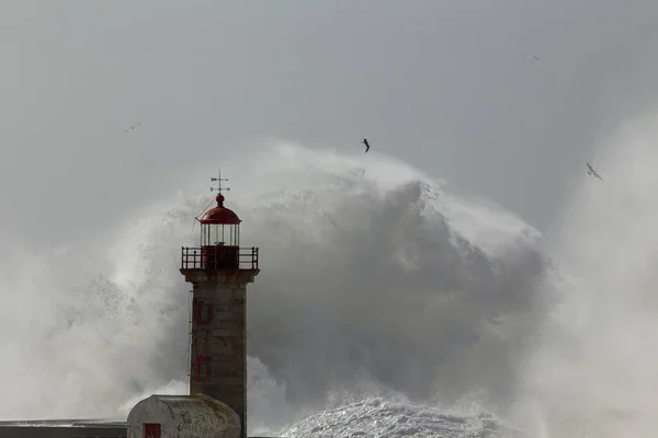 Gammal Fyr Och Brygga Douro Flodmynning Hård Storm Med Stora — Stockfoto