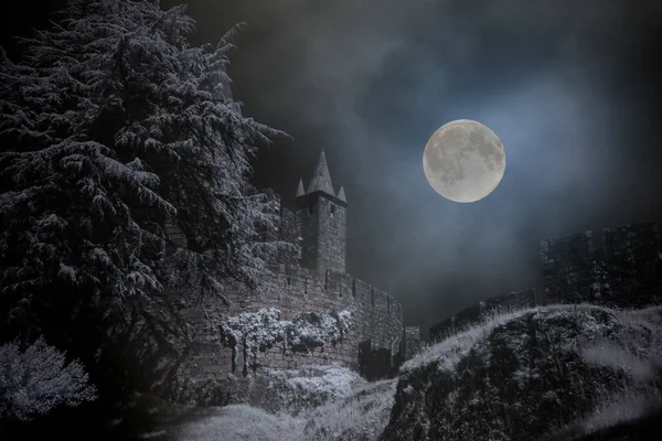 Mysterious Medieval Castle Full Moon Night — Stock Photo, Image