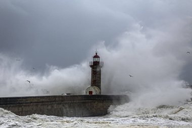 Douro nehri ağzı eski deniz feneri ve iskele şiddetli fırtına altında.