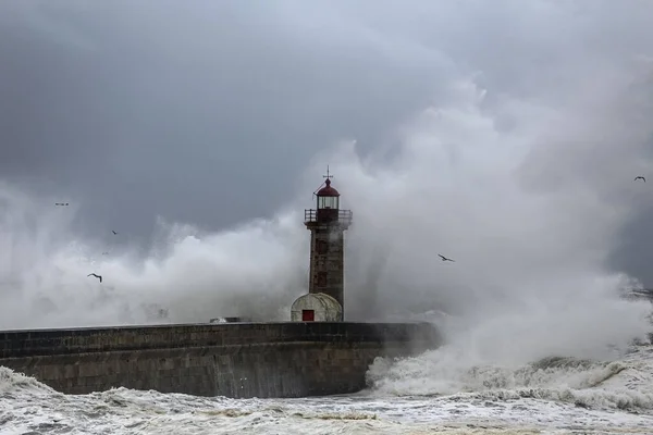 大雨の下でドゥロ川河口古い灯台と桟橋 — ストック写真