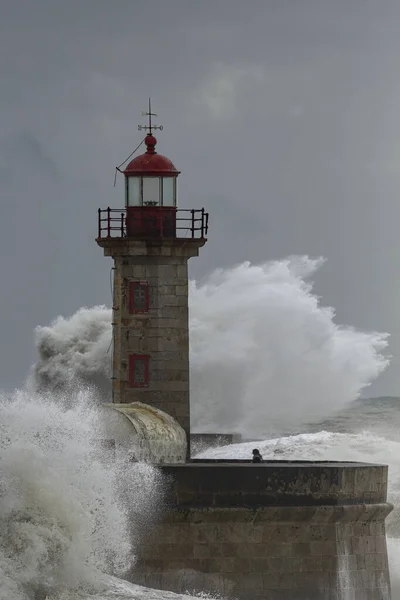 Porto Portugal Fevereiro 2016 Farol Velho Foz Rio Douro Sob — Fotografia de Stock