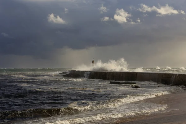 Boca Rio Ave Norte Portugal Durante Tempestade Mar Fim Dia — Fotografia de Stock