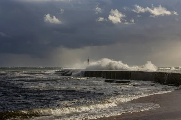 Boca Rio Ave Norte Portugal Durante Tempestade Mar Fim Dia — Fotografia de Stock