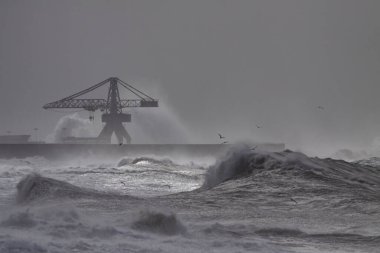 Leixoes, Portekiz 'in kuzeyindeki kara bir fırtına sırasında kuzey duvarını koruyor..