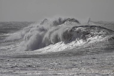 Büyük bir dalga. Fırtınalı bir günde kuzey Portekiz kıyıları ilginç bir kontrastla: gökyüzü ve ışıldayan deniz