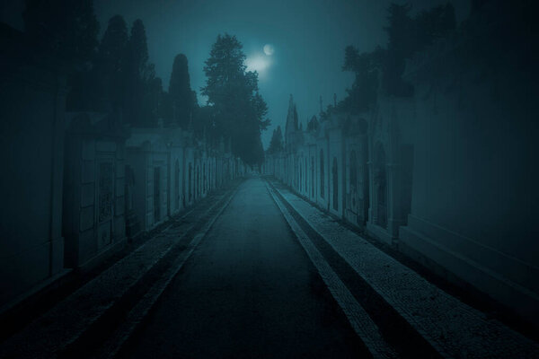 Старая улица кладбища в туманную ночь полнолуния
