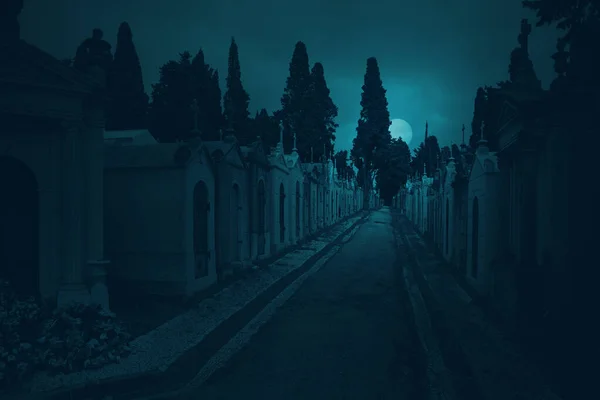 Ürkütücü Bir Dolunayda Eski Mezarlık Caddesi — Stok fotoğraf