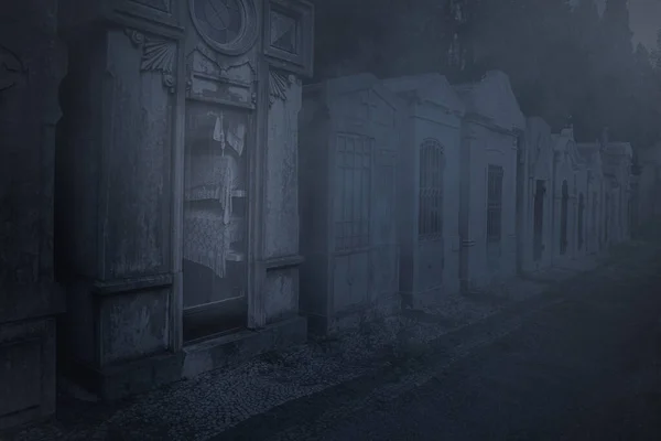 Moonlit Old European Cemetery Foggy Night — Stock Photo, Image
