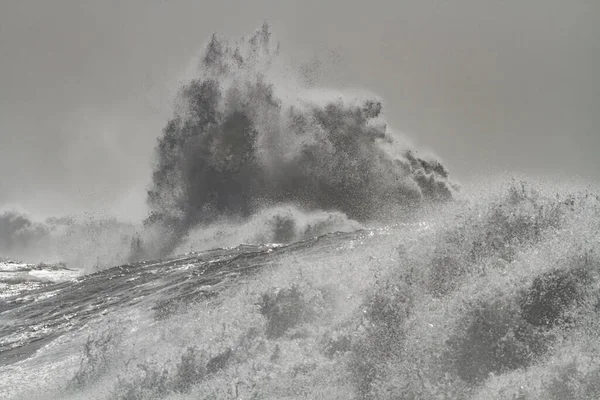 Zeerots Overstroomd Door Stormachtige Golven Noord Portugese Rotskust — Stockfoto