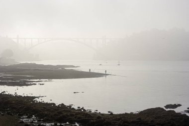Sabah sisinde Arrabida Köprüsü alçak gelgit sırasında Douro Nehri ağzı, Porto Portekiz