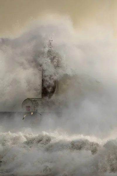 Oporto Old Lighthouse Storm Seeing Moisture Spray Big Wave Splash — Stock Photo, Image