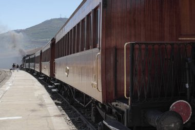 Regua, Portekiz - 25 Temmuz 2009: Güzel ahşap arabalarıyla eski buhar treni