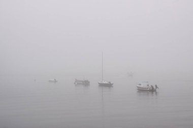 Sisli bir şafakta küçük tekneler. Douro Nehri, Portekiz 'in kuzeyi..